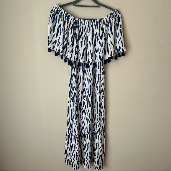 La Mer Luxe Off The Shoulder Navy Blue White Pattern Maxi Dress Size Small - Picture 1 of 7